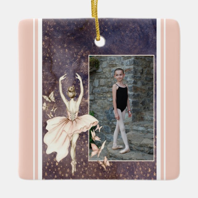 Personalisiertes Foto Ballerina, Schmetterling Wei Keramikornament (Vorderseite)