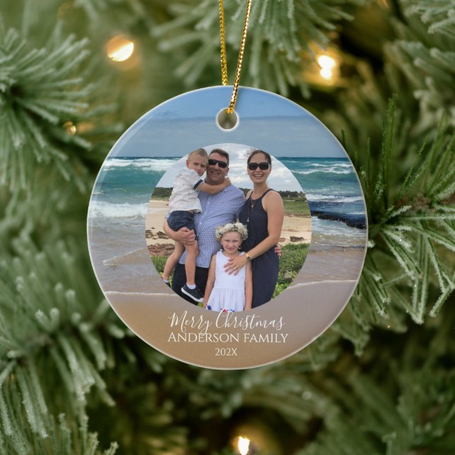 Personalisiertes Foto Beach Ocean Weihnachtskarte Keramik Ornament (Baum)