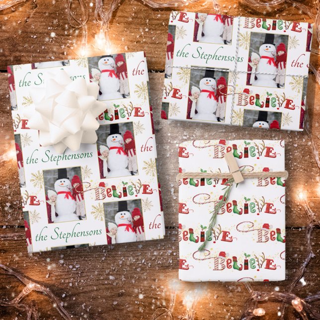 Personalisiertes Foto BELIEVE Weihnachtstypografie Geschenkpapier Set (Von Creator hochgeladen)