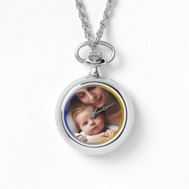 Personalisiertes Foto Blue Silver Gold Kettenklemm Armbanduhr (Vorderseite)