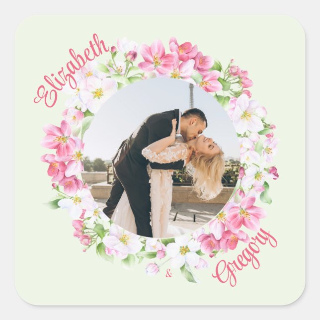 Personalisiertes Foto Blumenrahmen mit Brautgarten Quadratischer Aufkleber (Vorderseite)