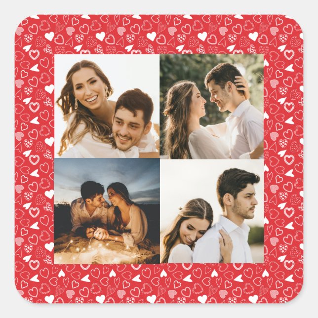 Personalisiertes Foto Collage Herz rot Quadratischer Aufkleber (Vorderseite)