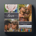 Personalisiertes Foto Collage Liebe Script Couple Fotoplatte<br><div class="desc">Passen Sie diese Foto-Plakette mit bis zu vier Ihrer Lieblings-Fotos als Paar zusammen. Geben Sie es als Geschenk für Ihren Jahrestag, Valentinstag, ihren Geburtstag, für Weihnachten. Personalisieren Sie die Felder Datum und Namen. Die Chalkboard-Hintergrundblöcke sorgen für ein rustikales Ambiente und das moderne handgeschriebene Liebe-Skript ist elegant und klassisch. Ein großer...</div>