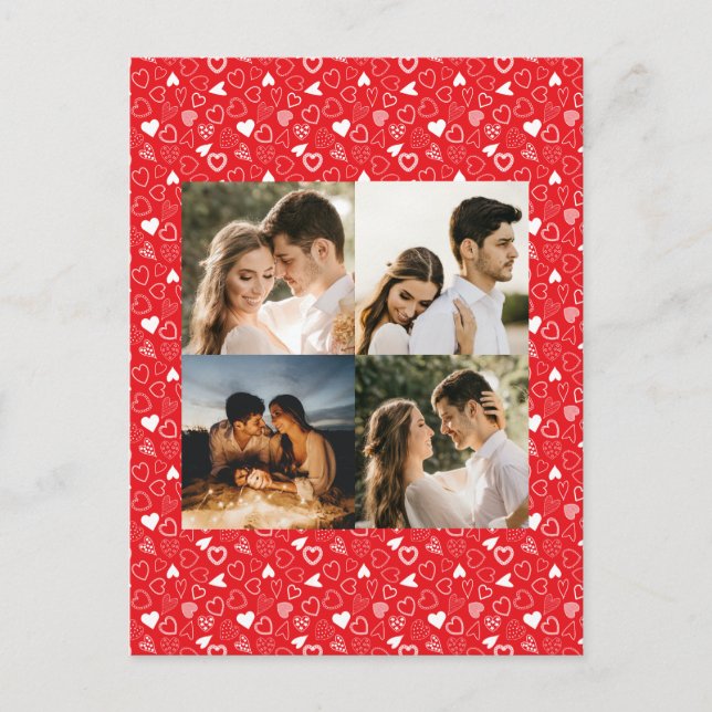 Personalisiertes Foto Collage Red Hearts Muster Postkarte (Vorderseite)