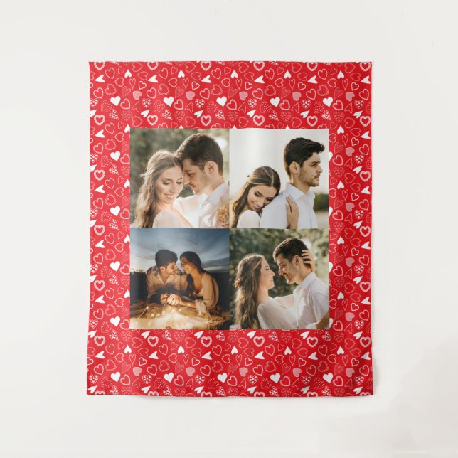 Personalisiertes Foto Collage Red Hearts Muster Wandteppich (Vorderseite)