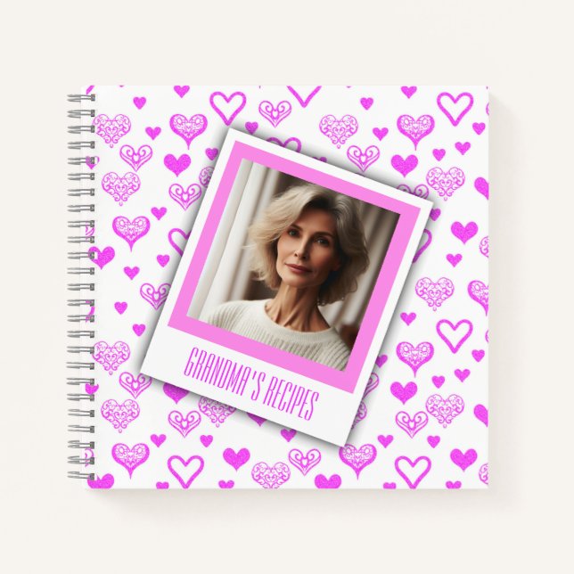 Personalisiertes Foto Elegantes Rosa Herz Rezept B Notizbuch (Vorderseite)