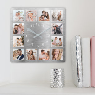 Personalisiertes Foto Elegantes Silber Quadratische Wanduhr