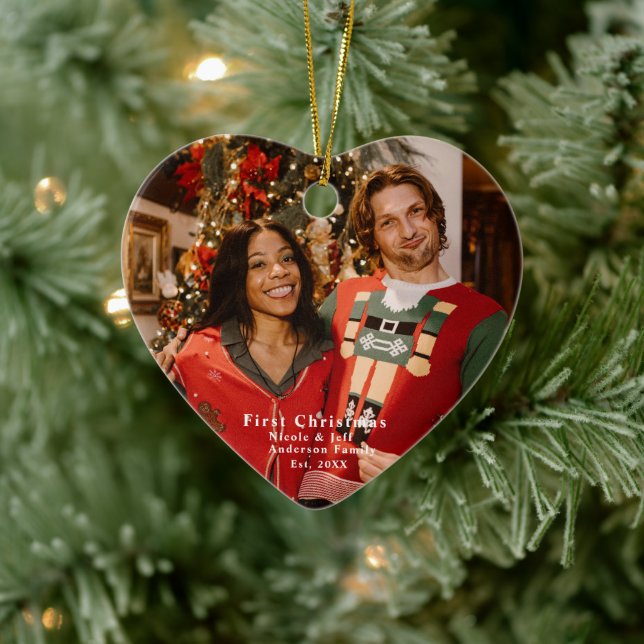 Personalisiertes Foto "First Christmas" Herz gefor Keramik Ornament (Baum)