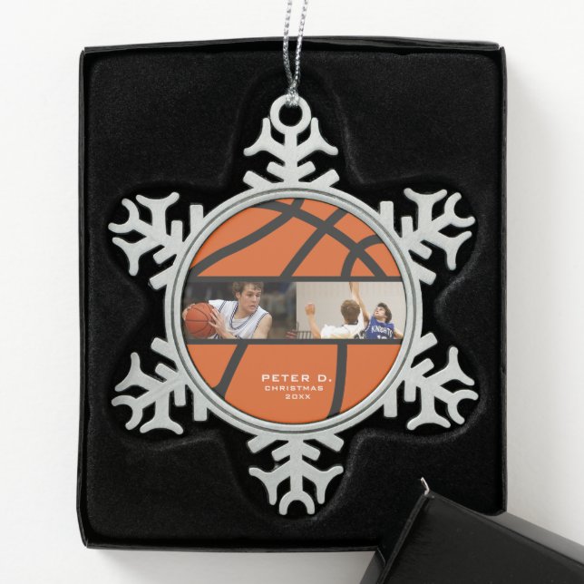 Personalisiertes Foto für Basketball Schneeflocken Zinn-Ornament (Box)