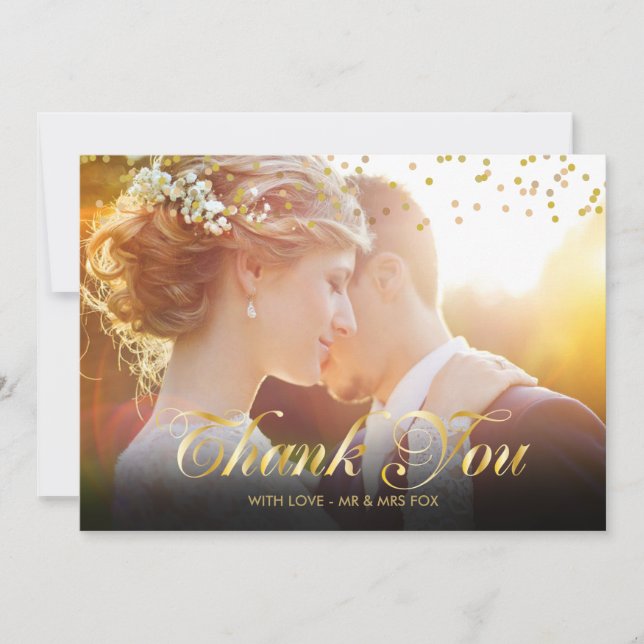 Personalisiertes Foto Gold Confetti Script Vielen  Dankeskarte (Vorderseite)