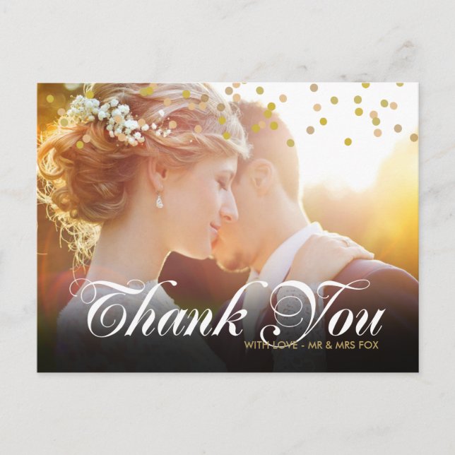 Personalisiertes Foto Gold Confetti Script Vielen  Postkarte (Vorderseite)