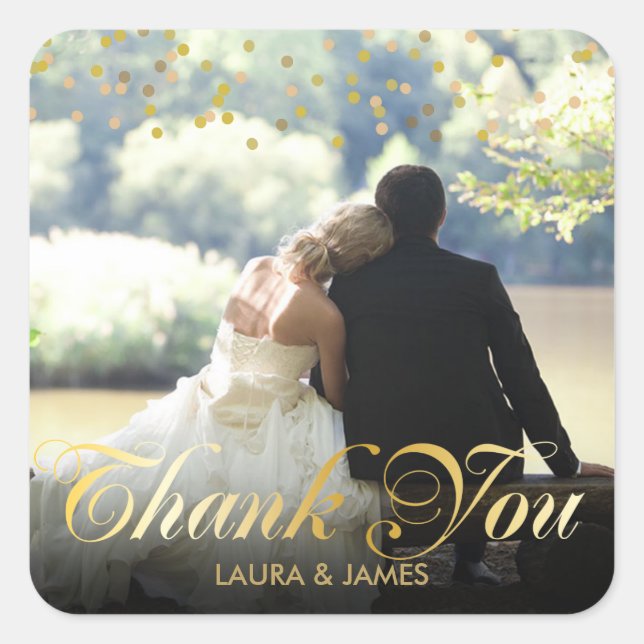 Personalisiertes Foto Gold Confetti Script Vielen  Quadratischer Aufkleber (Vorderseite)