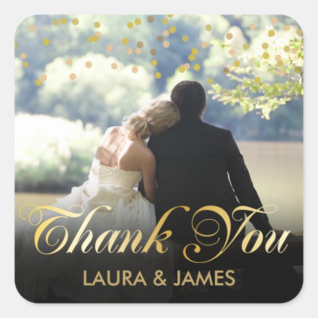 Personalisiertes Foto Gold Confetti Script Vielen  Quadratischer Aufkleber (Vorderseite)
