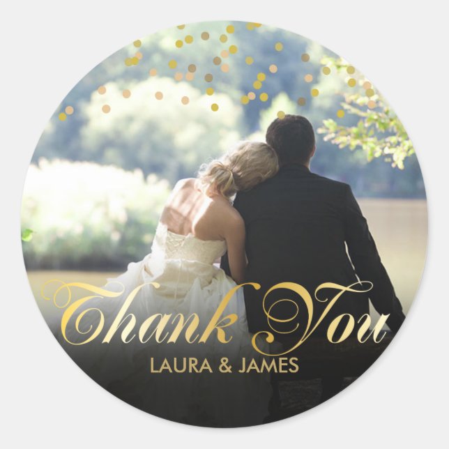Personalisiertes Foto Gold Confetti Script Vielen  Runder Aufkleber (Vorderseite)