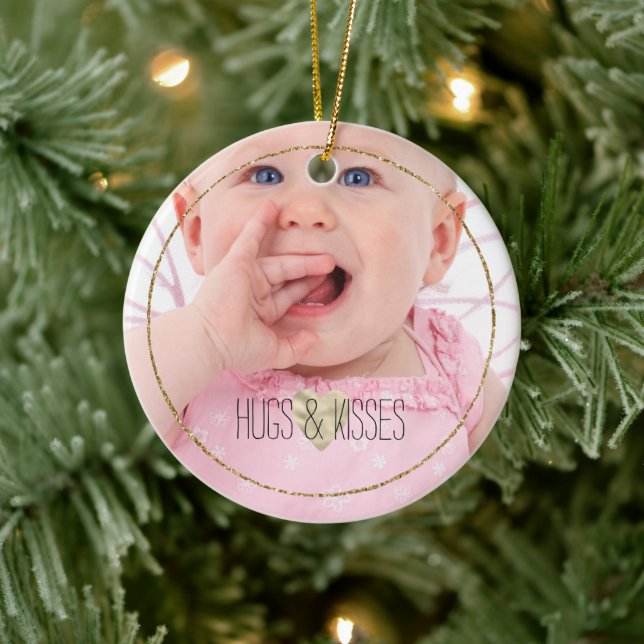 Personalisiertes Foto Gold Glitz Herzangebot Keramik Ornament (Baum)