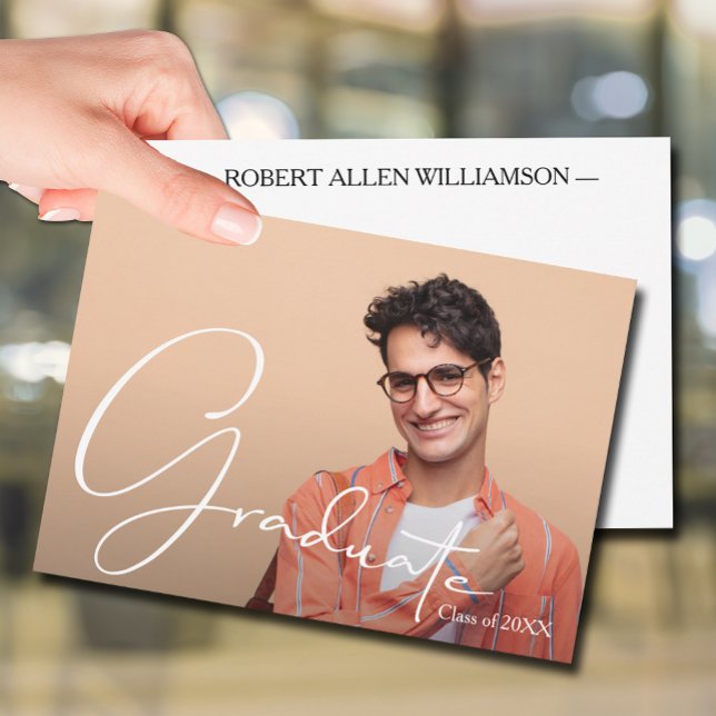 Personalisiertes Foto Graduate Flat Vielen Dank Mitteilungskarte (5" x 7" Script Graduate on personalized photo flat thank you note cards, name & message on the back)