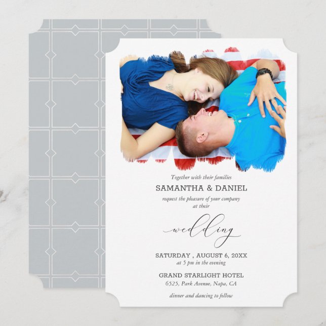 Personalisiertes Foto Graue Schreibschrift Hochzei Einladung (Vorne/Hinten)