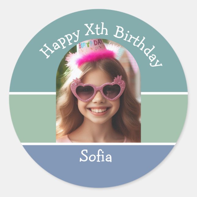 Personalisiertes Foto Happy Birthday Name jedes Al Runder Aufkleber (Vorderseite)
