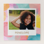 Personalisiertes Foto Helle Farbe Name<br><div class="desc">Dieses farbenfrohe Puzzle mit Wasserfarben zeigt spielerische Kreise und Punkte in hellen Pastelltönen, personalisiert mit dem Namen und dem Foto Ihres Enkels. Es ist ein lustiger und einzigartiger Sake, der Großeltern, Eltern oder jedem, der eine personalisierte Touch Liebe, ein nachdenkliches Geschenk macht. Dieses trendige Design eignet sich perfekt für Familienspiele...</div>