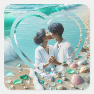 Personalisiertes Foto Herz Strand  Quadratischer Aufkleber