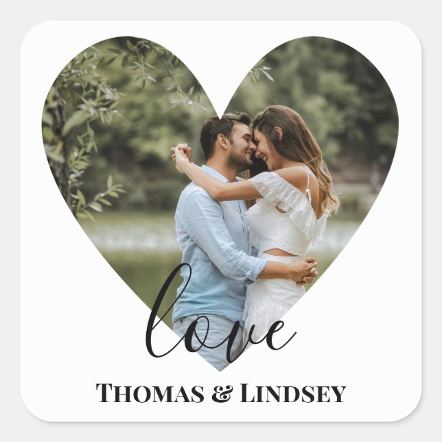 Personalisiertes Foto Herzrahmen Moderne Kalligrap Quadratischer Aufkleber (Vorderseite)