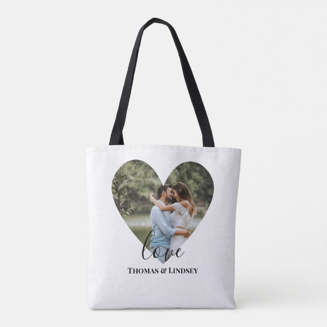 Personalisiertes Foto Herzrahmen Moderne Kalligrap Tasche (Rückseite)