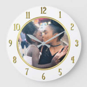 Personalisiertes Foto hinzufügen  Goldweißer Elega Große Wanduhr