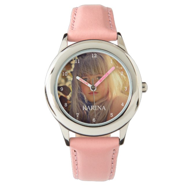 Personalisiertes Foto Kinder Nachname Mädchen beob Armbanduhr (Vorderseite)