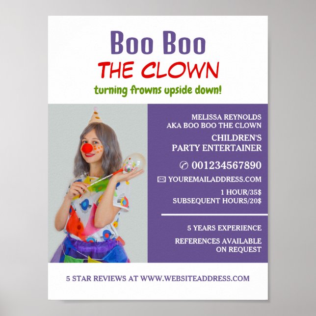 Personalisiertes Foto, Kinderunterhalter, Clown Poster (Vorne)