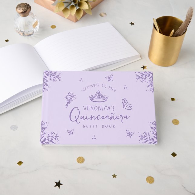 Personalisiertes Foto Lila Quinceanera Gästebuch (Vorderseite Offen)
