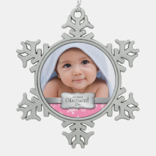 Personalisiertes Foto - mein 1. Weihnachten Schneeflocken Zinn-Ornament