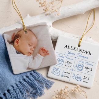 Personalisiertes Foto mit Baby-Jungen-Geburtsstati Keramikornament