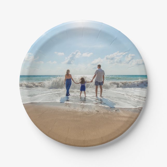 Personalisiertes Foto mit Familie am Strand Pappteller (Vorderseite)