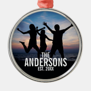 Personalisiertes Foto mit Familienname Silbernes Ornament
