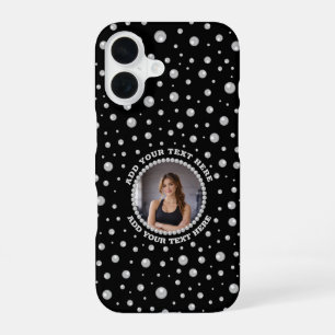 Personalisiertes Foto mit Perlenkreis auf Schwarz iPhone 16 Hülle