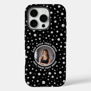 Personalisiertes Foto mit Perlenkreis auf Schwarz iPhone 16 Pro Hülle
