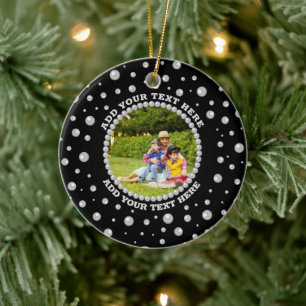 Personalisiertes Foto mit Perlenkreis auf Schwarz Keramik Ornament