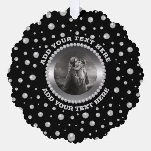 Personalisiertes Foto mit Perlenkreis auf Schwarz Ornament Karte