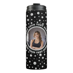 Personalisiertes Foto mit Perlenkreis auf Schwarz Thermosbecher