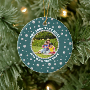 Personalisiertes Foto mit Perlenkreis auf Türkis Keramik Ornament