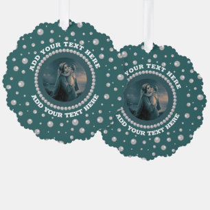 Personalisiertes Foto mit Perlenkreis auf Türkis Ornament Karte