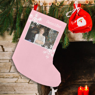 Personalisiertes Foto mit rosa weißen Schneeflocke Kleiner Weihnachtsstrumpf