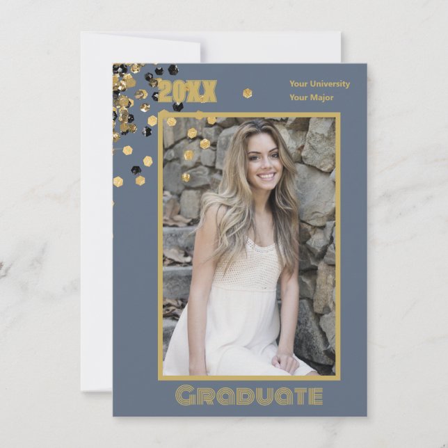 Personalisiertes Foto Moderne Grau-Gold-Glitzern Einladung (Vorderseite)