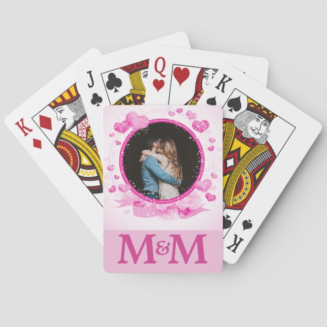 Personalisiertes Foto Monogram Hearts Pink Wedding Spielkarten (Rückseite)