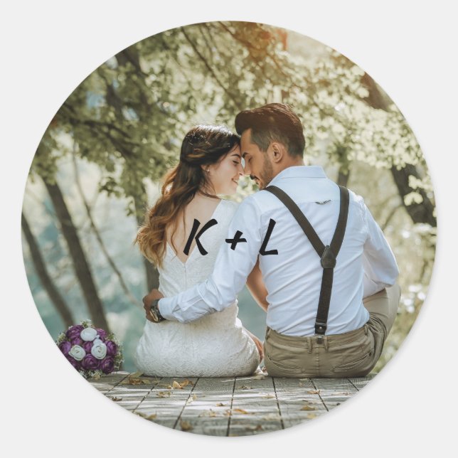 Personalisiertes Foto Monogram Wedding Runder Aufkleber (Vorderseite)