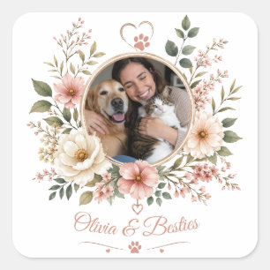 Personalisiertes Foto & Name Haustierliebhaber Flo Quadratischer Aufkleber