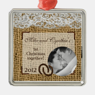 Personalisiertes Foto-Ornament Hufeisen auf Burlap Silbernes Ornament