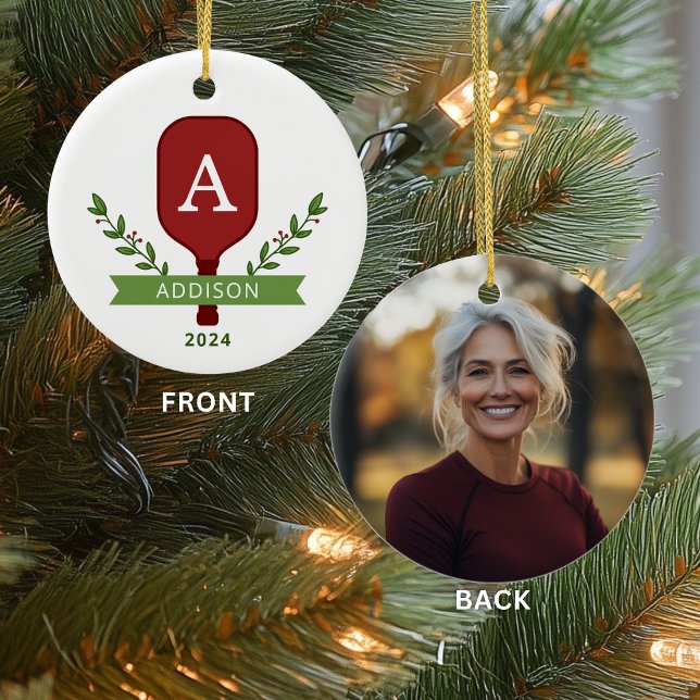 Personalisiertes Foto Pickleball Keramik Ornament (Front + Back on a Ceramic Circle Ornament)