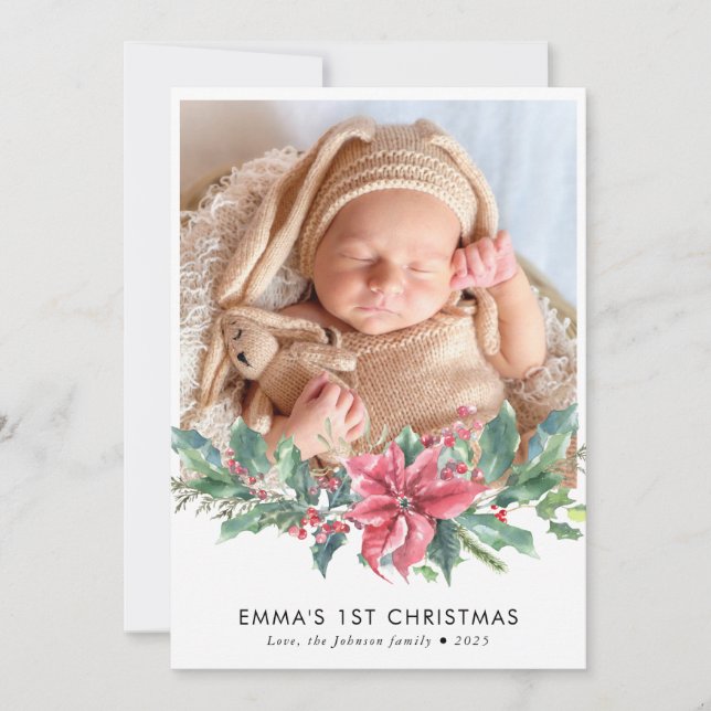Personalisiertes Foto Poinsettia Baby's 1. Weihnac Ankündigung (Vorderseite)