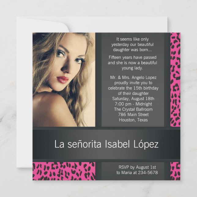 Personalisiertes Foto Quinceanera, Pink Leopard Einladung (Vorderseite)